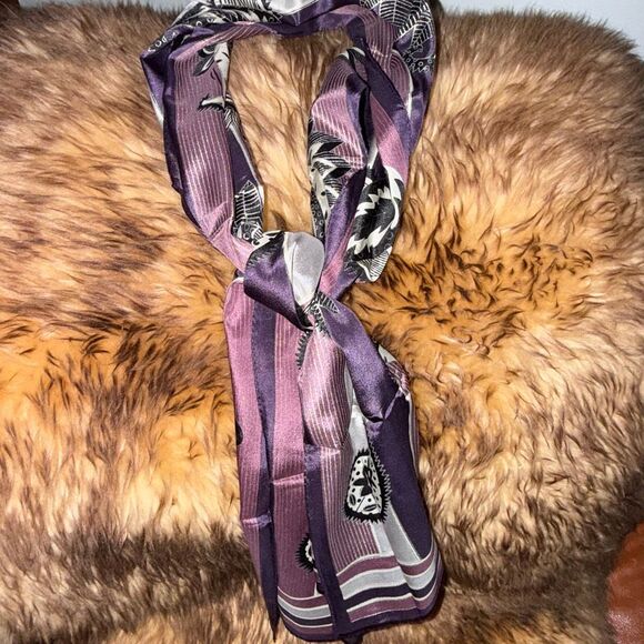 Vintage Oscar de la Renta Silk Oblong Scarf | Purple Black Paisley Stripe | Made - Picture 14 of 16